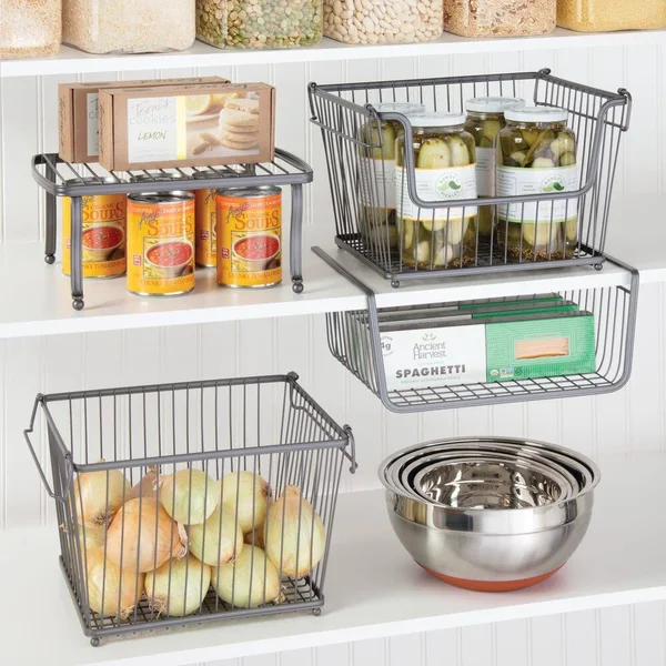 mDesign Modern Stackable Metal Storage Organizer Bin Basket with Handles, Open Front for Kitchen Cabinets, Pantry, Closets, Bed