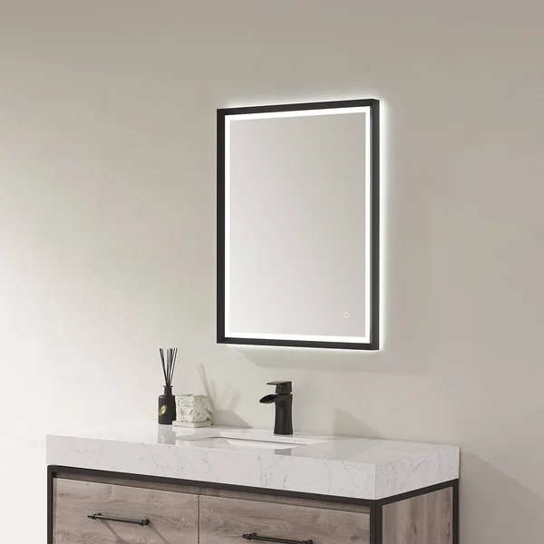 Vinnova Como Rectangle LED Lighted Accent Bathroom/Vanity Wall Mirror, 24x22, Matte Black