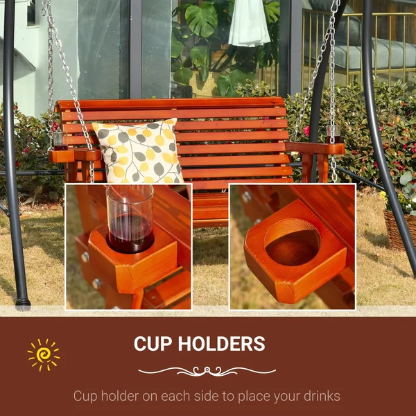 Outsunny 2 Seater Outdoor Porch Swing Seat with Cup Holder Chains Wooden Hammock Bench for Garden Patio Yard Brown