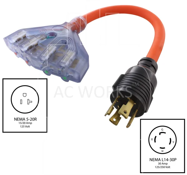 AC Works L1430F520-025 25ft 10/4 Stow 30 Amp 125/250-Volt 4-prong L14-30P Generator Plug to (4) 15/20 Amp Household Connector Ge