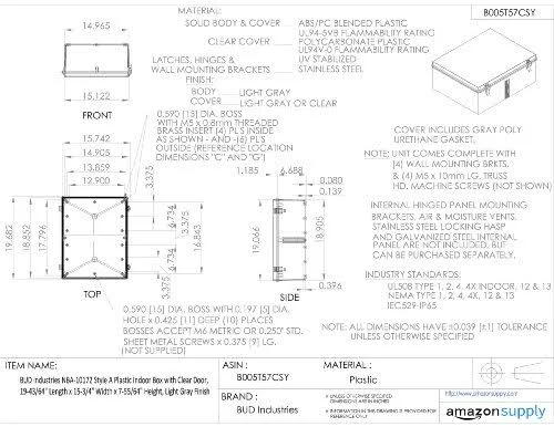 Bud Industries NBA-10152 Style A Plastic Indoor Box with Solid Door 19-43 64 Length x 15-3 4 Width 7-55 Height Light Gray Finish