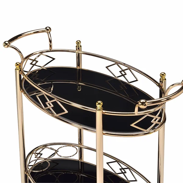 Benzara Metal Framed Serving Cart with Tempered Glass Top and Open Bottom Shelf - Gold and Black