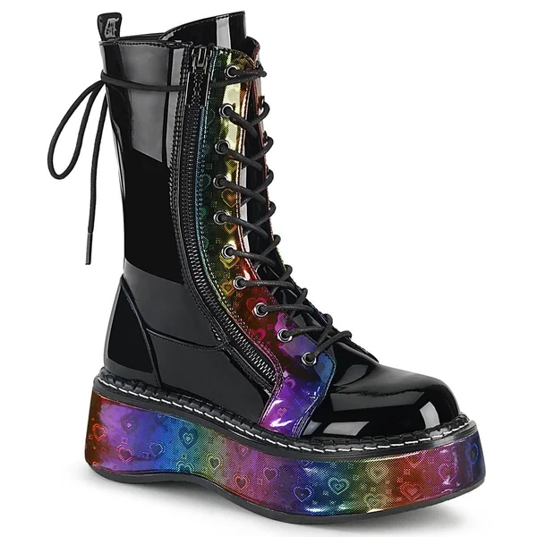 Demonia Women's Emily 350 UV Platform Mid Calf Boot - Size: 10, Black Patent/UV Neon Pink