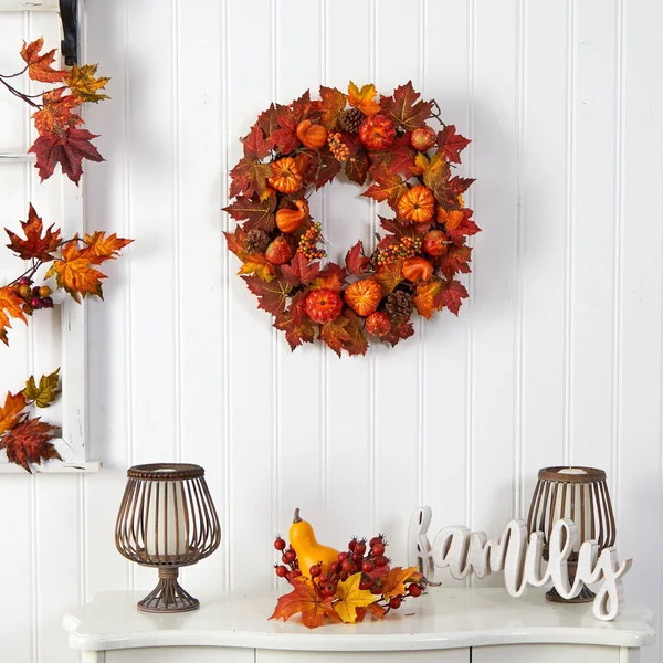 24” Autumn Maple Leaves, Pumpkin, Pinecone and Berries Artificial Fall Wreath by Nearly Natural