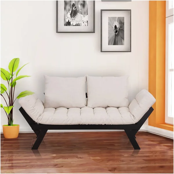 HomCom Black - Cream White Single Person 3-Position Convertible Couch Chaise Lounger Sofa Bed