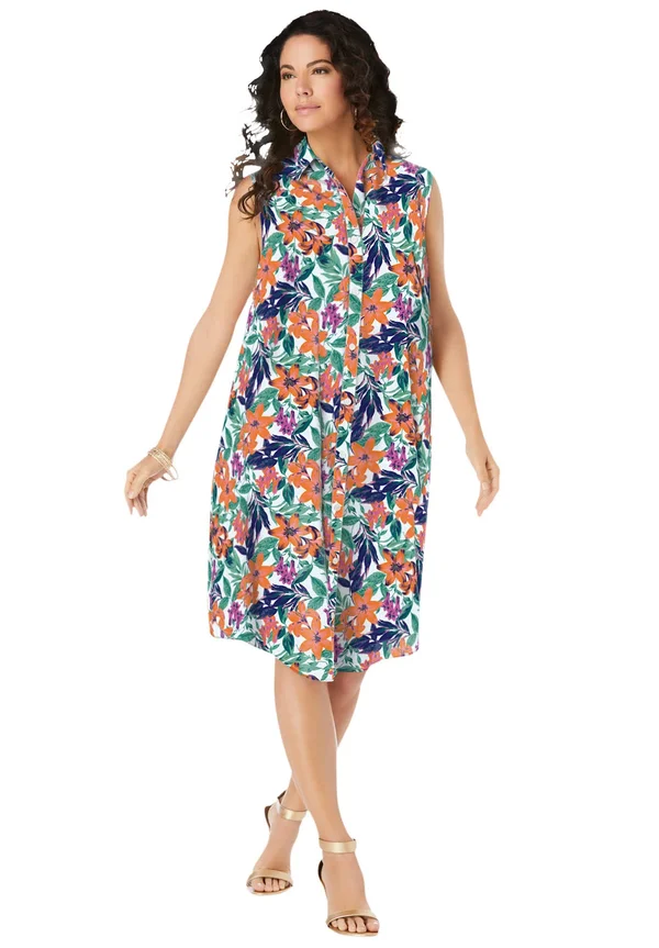Plus Size Women's Sleeveless Kate Shirtdress with Pockets by Roaman&s in Orange Paradise Garden (Size 30 W)