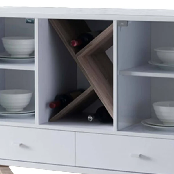 Wooden Buffet with Two Glass Paned Door and Four Interior Shelves White and Brown