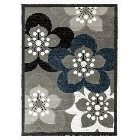 Newport Collection - Gray - White, Navy Blue Floral Modern Area Rug, Size: 5&x7&