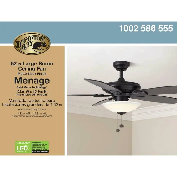 Hampton Bay Menage 52x22 Integrated LED Indoor Low Profile Matte Black Ceiling Fan