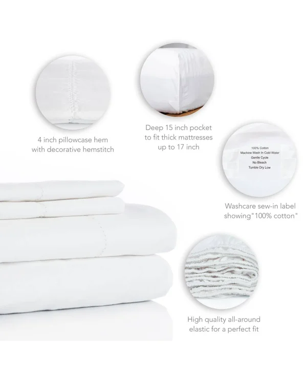 Aspire Linens 400 Thread Count with hemstitch, 4-pc Solid King Sheet Set - Blue