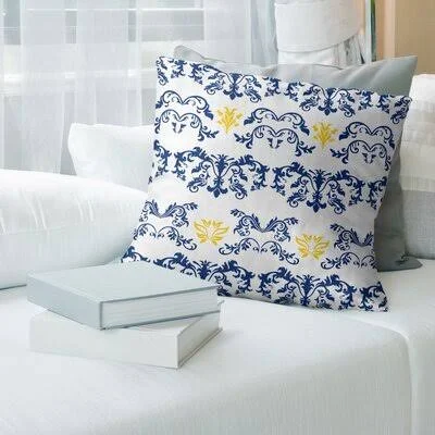 La Throwback Football Baroque Square Pillow Cover East Urban Home Color: White/Light Navy/Yellow - Size: 16x22 x 16