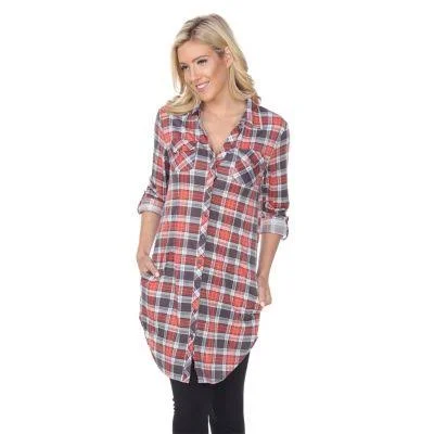White Mark Plaid Printed 3/4 Roll Tab Sleeve Button Front Tunic