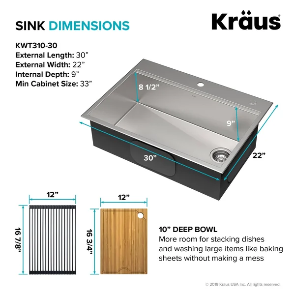 Kraus KWT310-30 Kore Workstation 30-Inch Drop-In or Undermount 16 Gauge Single Bowl Stainless Steel Kitchen Sink with Accessorie