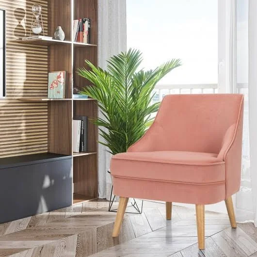 Velvet Upholstered Accent Chair with Rubber Wood Legs-Pink - Costway
