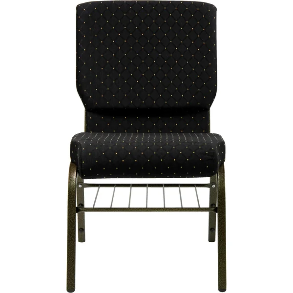 Hercules Series 18.5&&W Church Chair with Book Rack Black Dot Patterned Fabric/Gold Vein Frame
