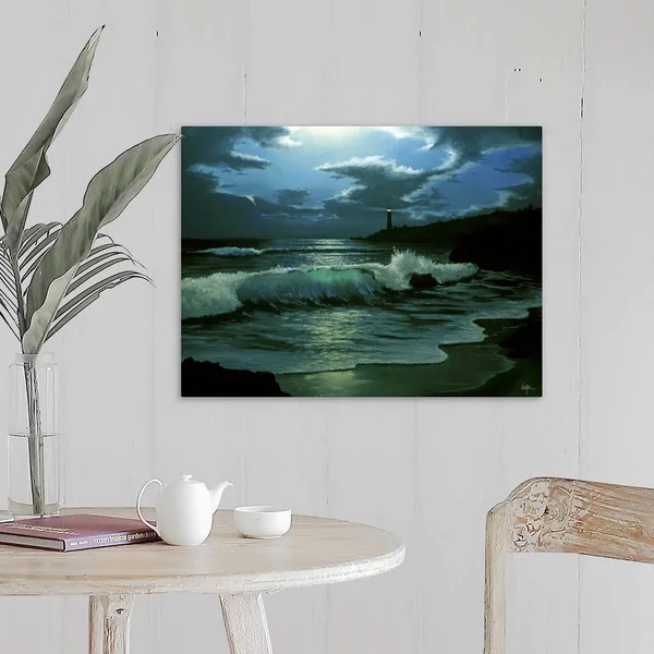 Waves Coming in on Shore - with A Lighthouse in The Distance, at Night, Large Solid-Faced Canvas Wall Art Print, Great Big Canv