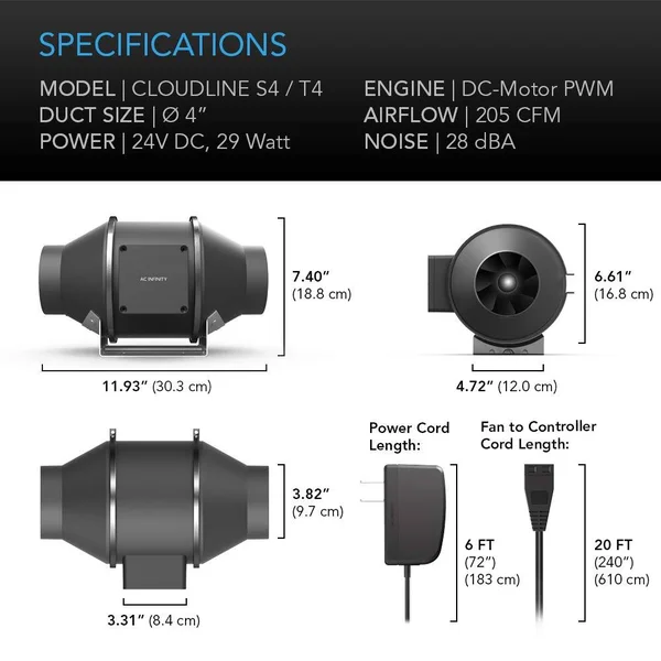 AC Infinity Cloudline S4 - Quiet 4” Inline Duct Fan with Speed Controller - VENTILATION Exhaust Fan for HEATING Cooling Booster