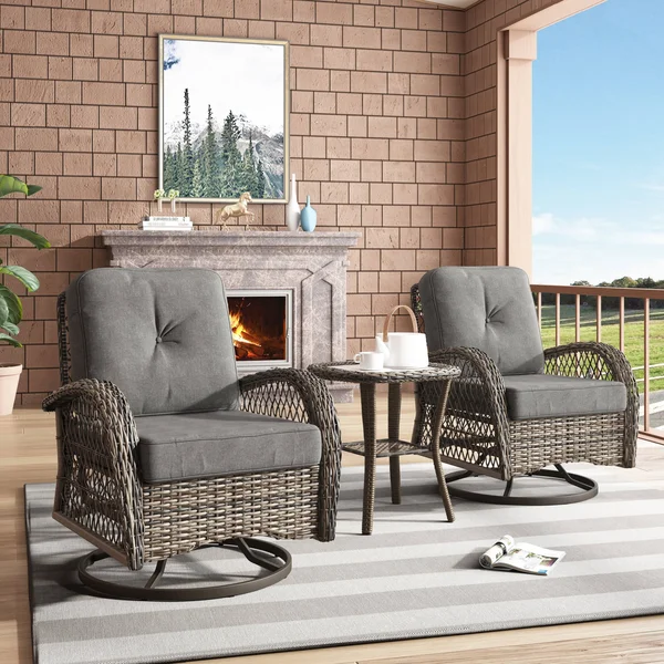 Corvus Livorno Outdoor 3-Piece Wicker Chat Set with Swivel Chairs - Blue
