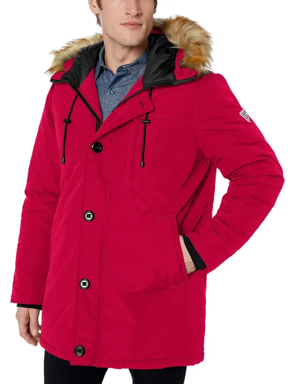 Guess Faux-Fur-Trimmed Hooded Heavyweight Parka - Mens, M, Red