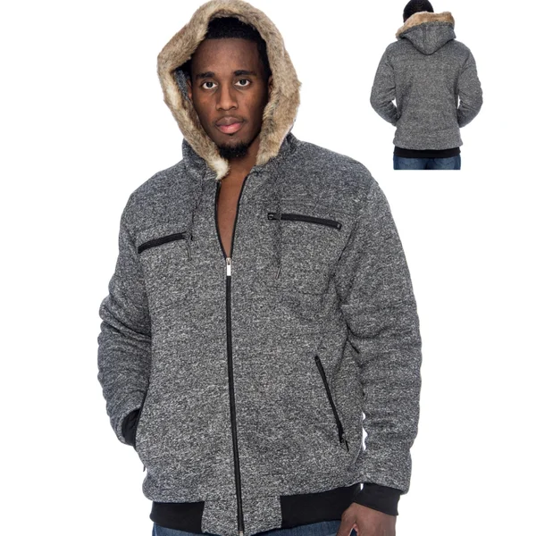 Men's Heavyweight Marled Padded Fleece Lined Hoodie Jacket W/FUR - Black - Medium