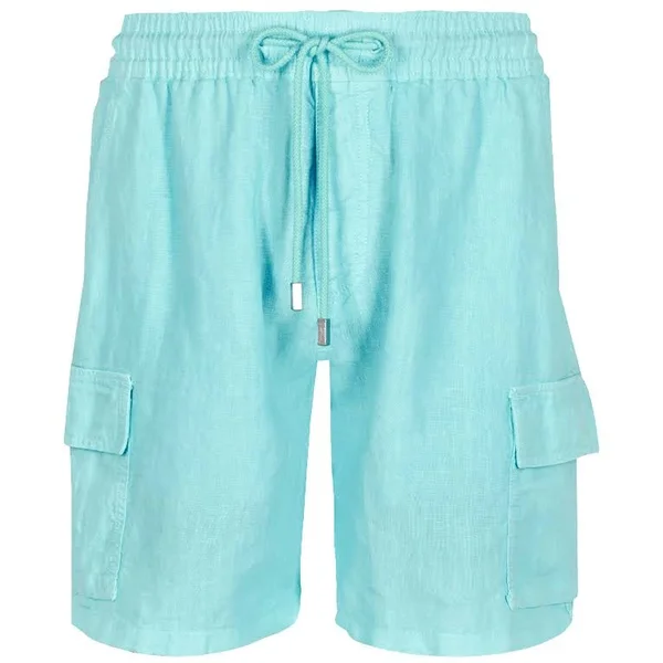 Men Linen Bermuda Shorts Cargo Pockets - Bermuda - Baie - Blue - Size XXL - Vilebrequin
