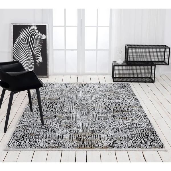 Xanthos Collection Gray/Gold Transitional Polyester Area Rug - 5' x 8'