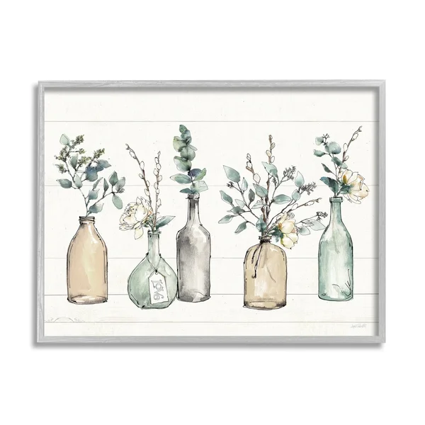 Stupell Industries Bottles and Plants Farm Wood Textured Design Framed Wall Art - Multi-Color - 24 x 30 - Grey - 24 x 1.5 x 30