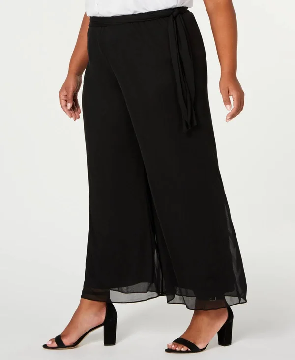 Alex Evenings Plus Size Mesh Waist-Tie Pants - Black