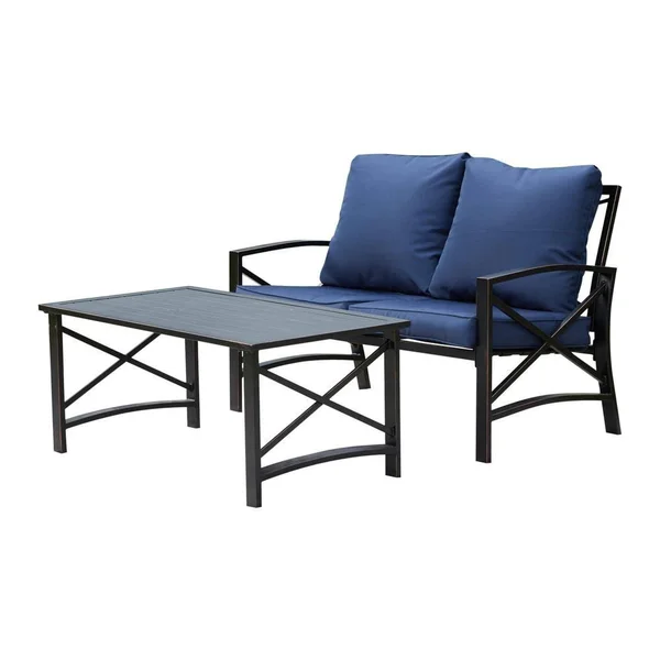 Top Home Space 2-Piece Metal Patio Conversation Set with Blue Cushions