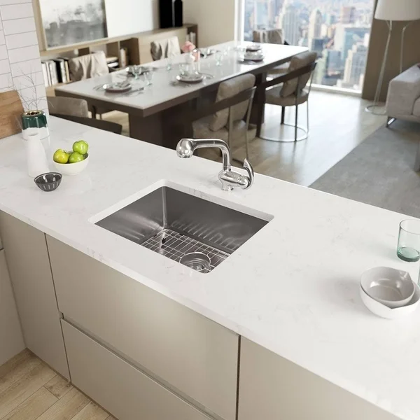 Rene R1-1015-18 23 inch Stainless Steel Single Bowl 3/4 inch Radius 18 Gauge Kitchen Sink with Cutting Board, Grid and Basket ST