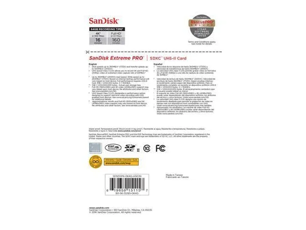 SanDisk Extreme Pro SDXC I 64 GB Memory Card - UHS-II U3/Class 10 (1733x)/2000x