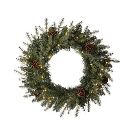 Glitzhome Pre-Lit Greenery Pine Cone Christmas Wreath with Warm White LED Light, Size: 24