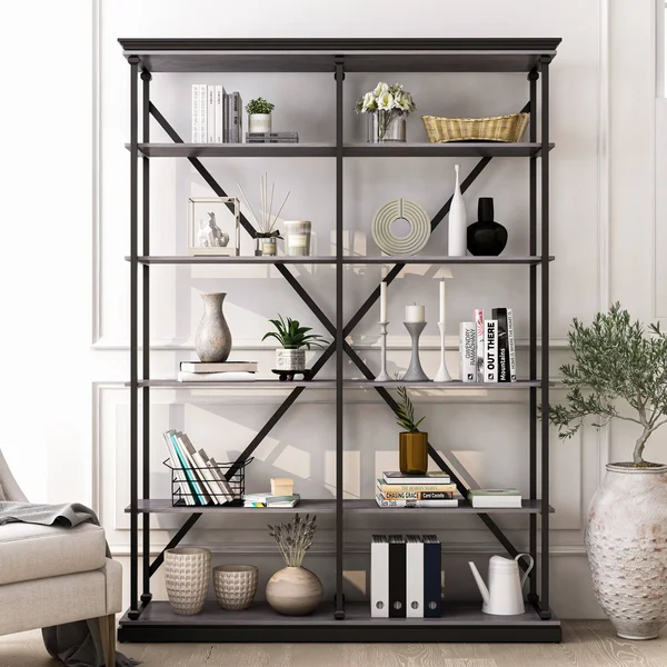 Furniture of America Marcin Transitional Metal 58x22 5 Layer Bookcase - Dark Oak