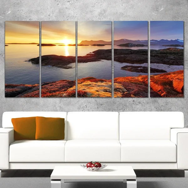 Designart PT14793-60-28 Ocean Coast Nice Sunset in Norway Canvas Artwork Print - 60X28x22