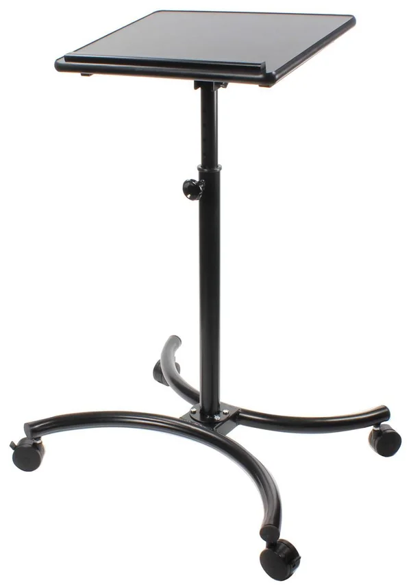 Displays2go Adjustable Laptop Stand with 20 x 16-inch Tilting Surface - Locking Casters, Contemporary Curved Base, Ergonomic Desi