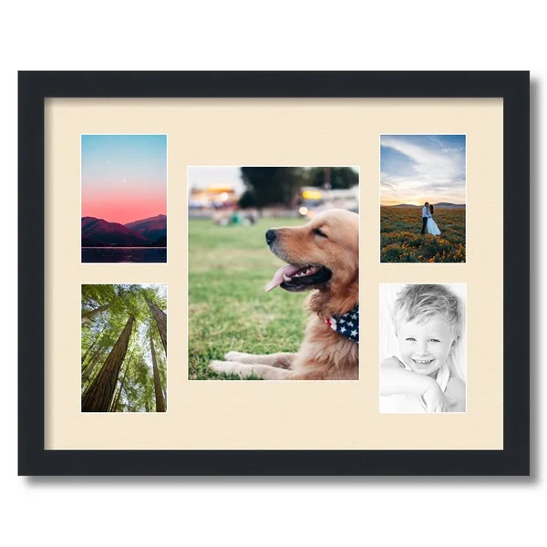 Collage Picture Frame - Satin Black Frame with 5 openings for 8x10 Photos with Pink Alabaster Mat. D3926DE1325, ArtToFrames