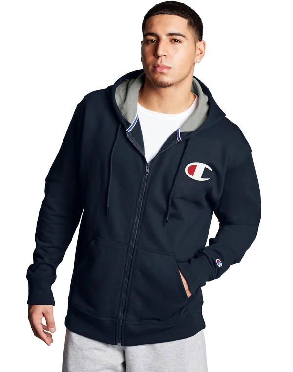 Champion Men's Powerblend Graphic Full Zip Hoodie, XXL, Blue