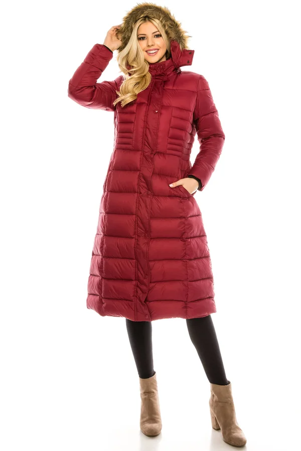 Haute Edition Women's Maxi Length Quilted Puffer with Fur Lined Hood - Grey
