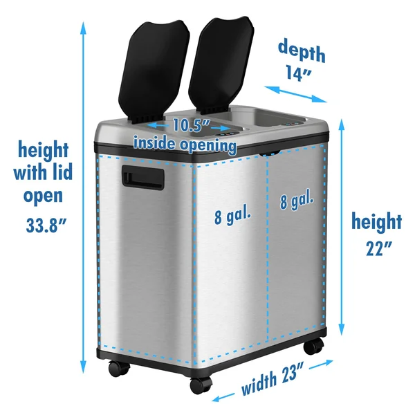 iTouchless Dual Compartment Touchless Trash Can Recycle Bin : 16 Gallon Stainless Steel