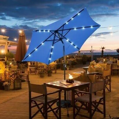 9' Solar LED Lighted Patio Market Umbrella Tilt Adjustment Crank Lift -Blue