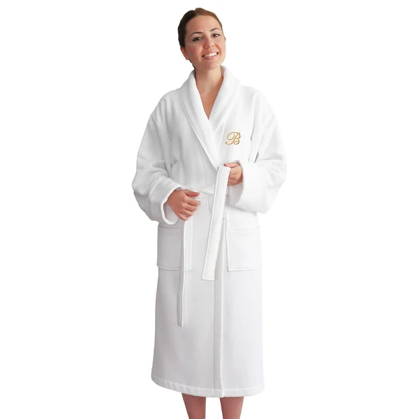 Authentic Hotel and Spa Unisex Gold Monogrammed Turkish Cotton Waffle Weave Terry Bath Robe - Small/Medium -N