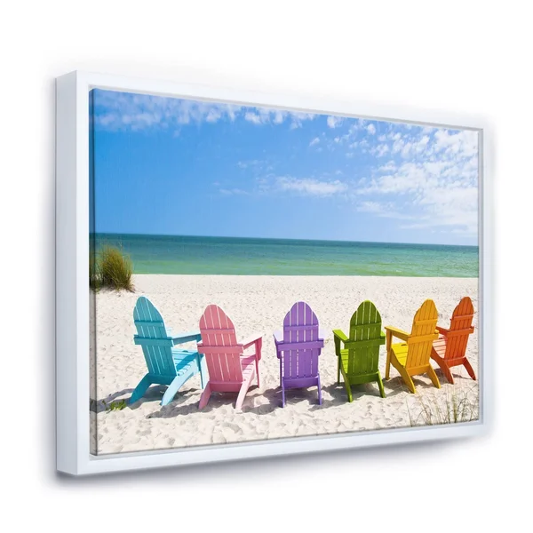 Designart &Adirondack Beach Chairs& Seashore Photo Framed Canvas Art Print - 20 in. Wide x 12 in. High - White