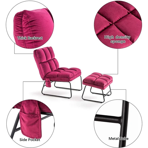 Mcombo Accent Chair with Ottoman, Velvet Modern Side Pocket Metal Legs, Club Chair Lounge Sofa Couch 0014 - Blue