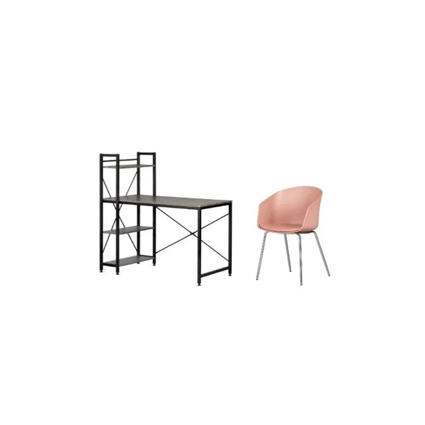South Shore Evane Ash Oak Desk with Bookcase & 1 Flam Pink and Chrome Chair Set