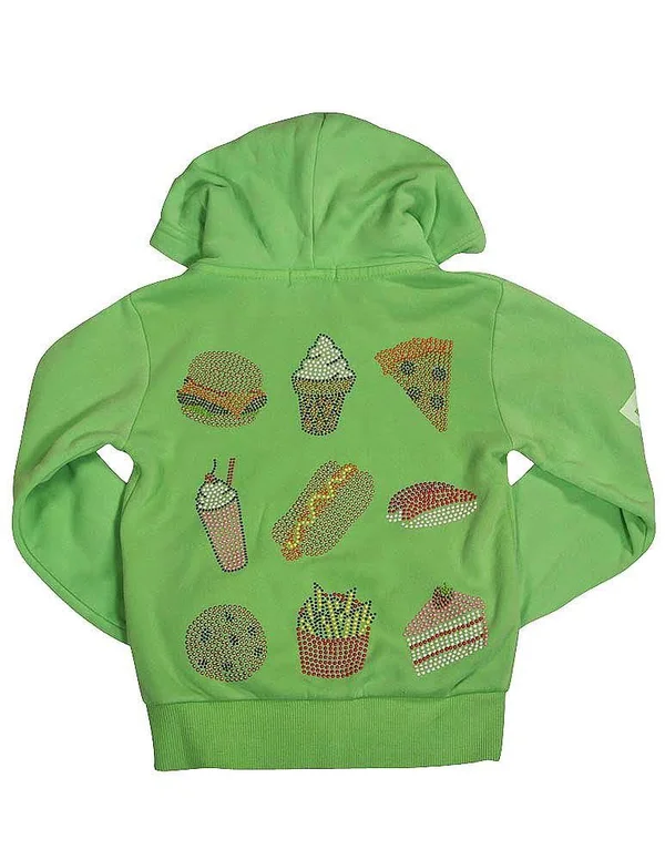 Butter Super Soft Long Sleeve Screen Print and Embellished Zip Hoodie Sweatshirt - 33618 Neon Lime Fast Food, 6/7, Women's, Gree