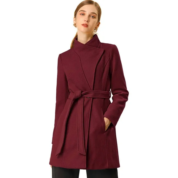 Women's Stand Collar Winter Belted Long Coat - Light Brown - Xs