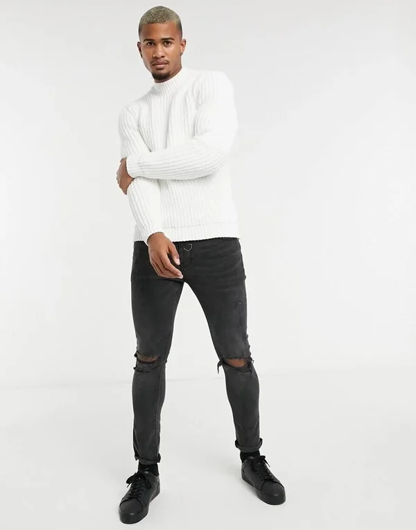 ASOS Design Heavyweight Fisherman Rib Turtleneck Sweater in White