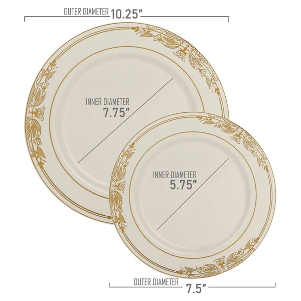 120 Plates, 10.25x22 White with Pink and Gold Harmony Rim Plastic Dinner Plates