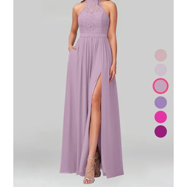 Azazie A-Line/Princess Halter Floor-Length Chiffon Bridesmaid Dresses - Wisteria