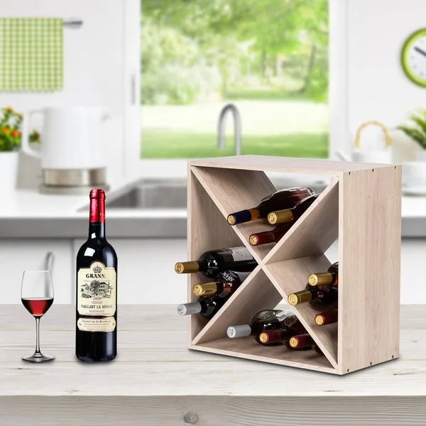 4 Cube Wine Rack Holds 12-16 Bottles - Classic Style Wine Racks - Wood Color